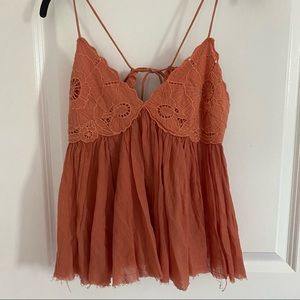 Free People burnt orange babydoll gauzey boho top
